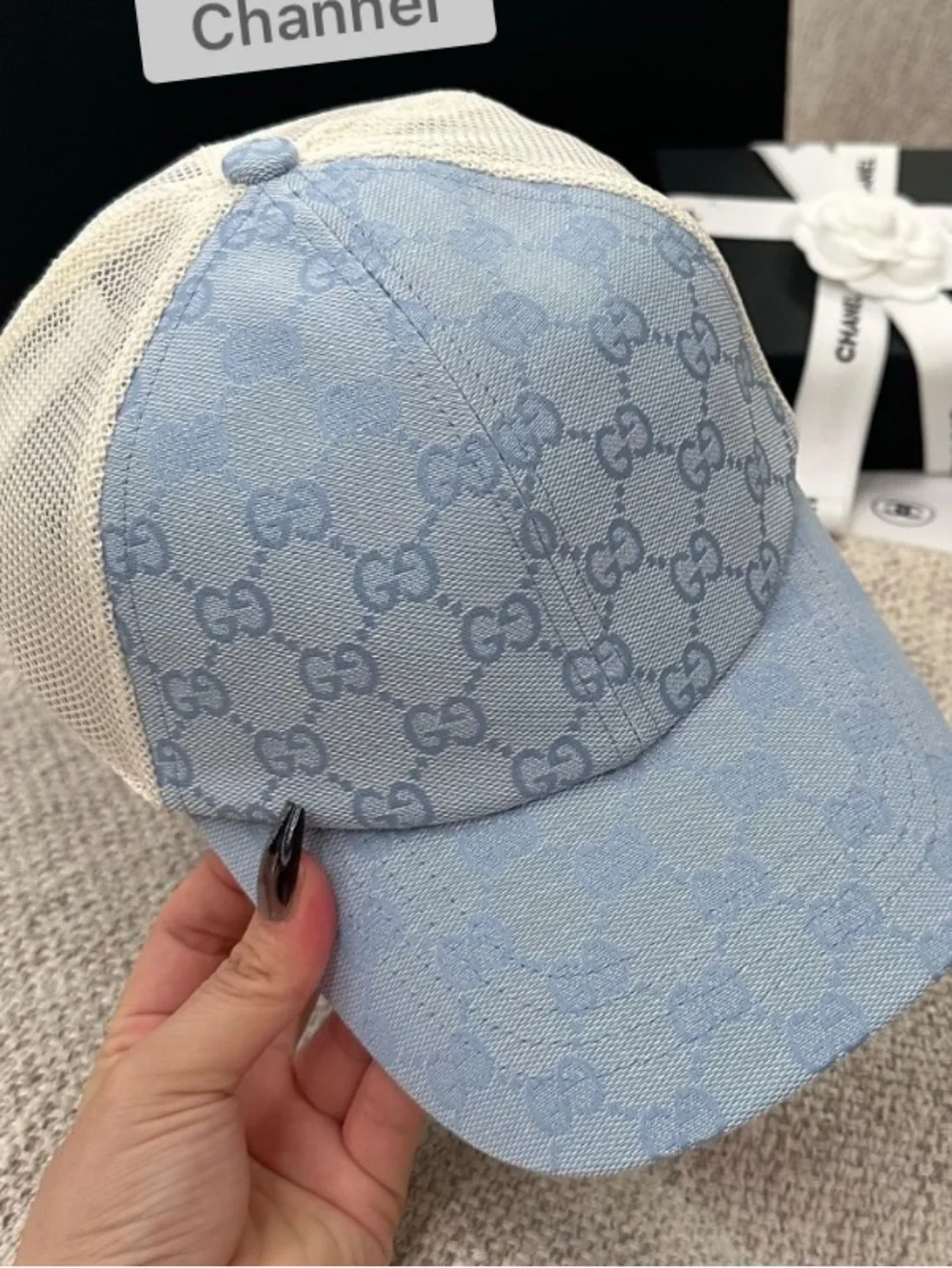 Double G Designer Light Blue Signature Logo Mesh Back Truckers Hat